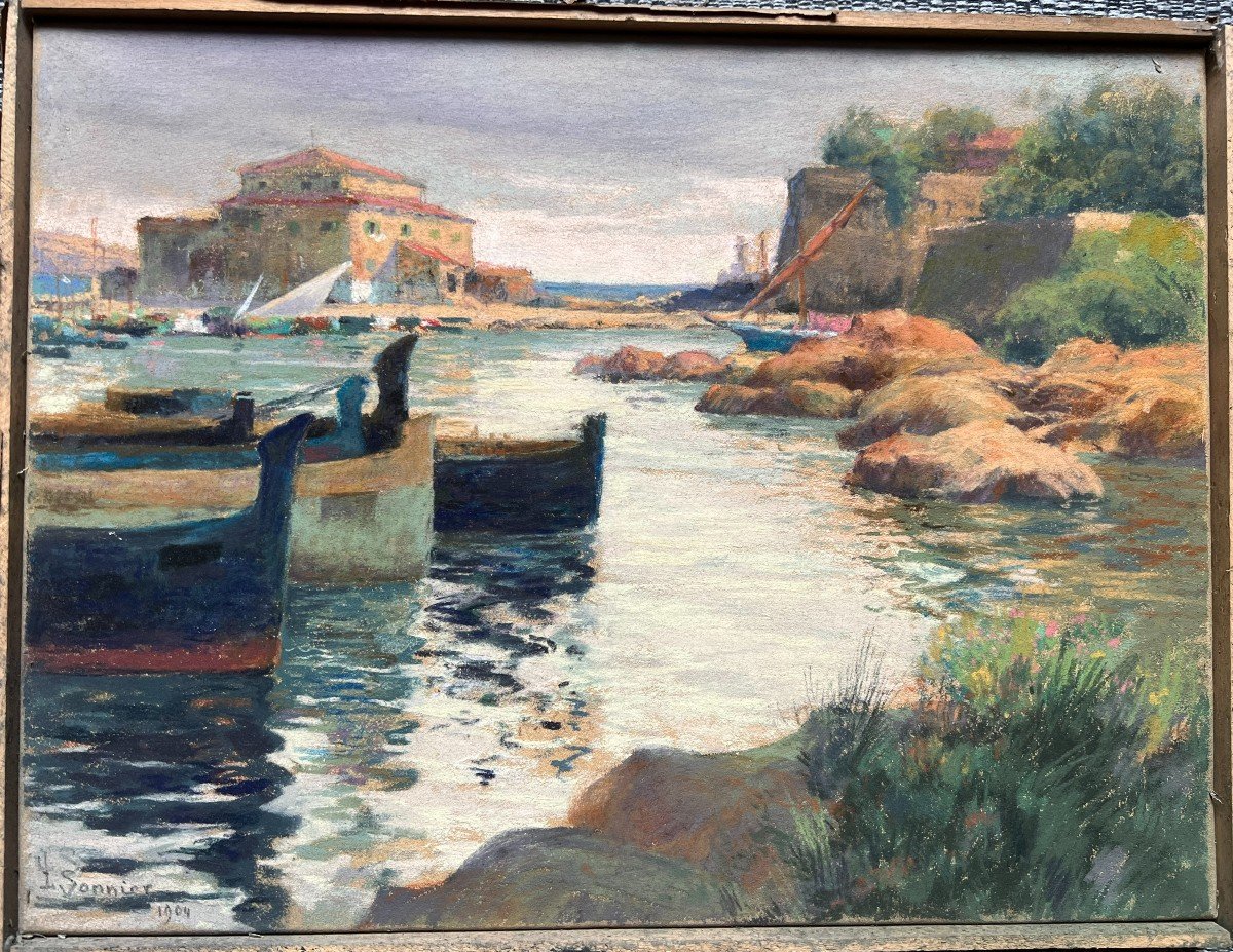 Port - Léon Julien Sonnier Signed And Date 1904 – Pastel Landscape