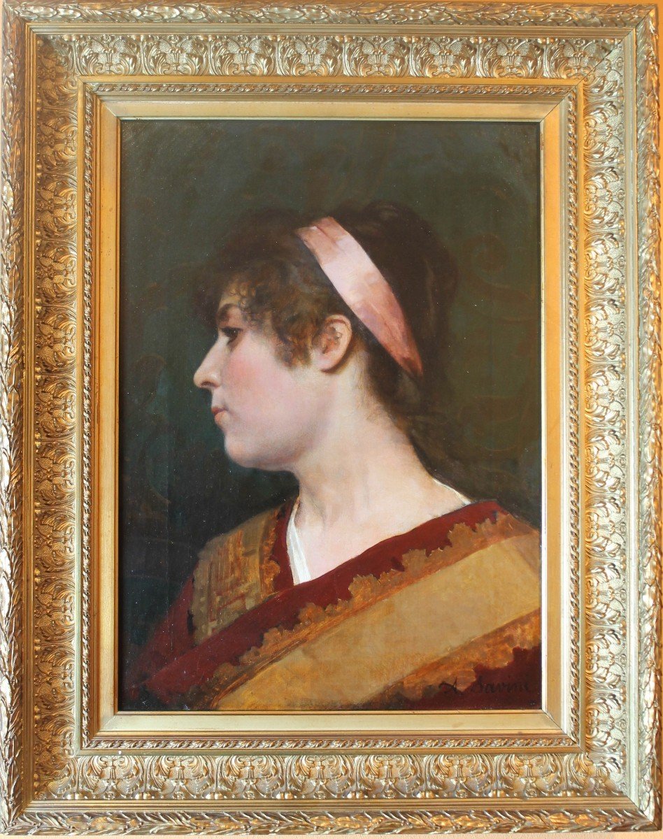 Alfonso Savini - Bologne - Huile Sur Toile - 19ème Siècle -portrait d'Une Femme De Profil-photo-3