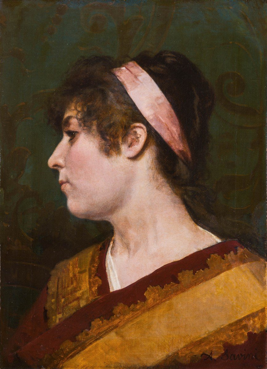 Alfonso Savini - Bologne - Huile Sur Toile - 19ème Siècle -portrait d'Une Femme De Profil