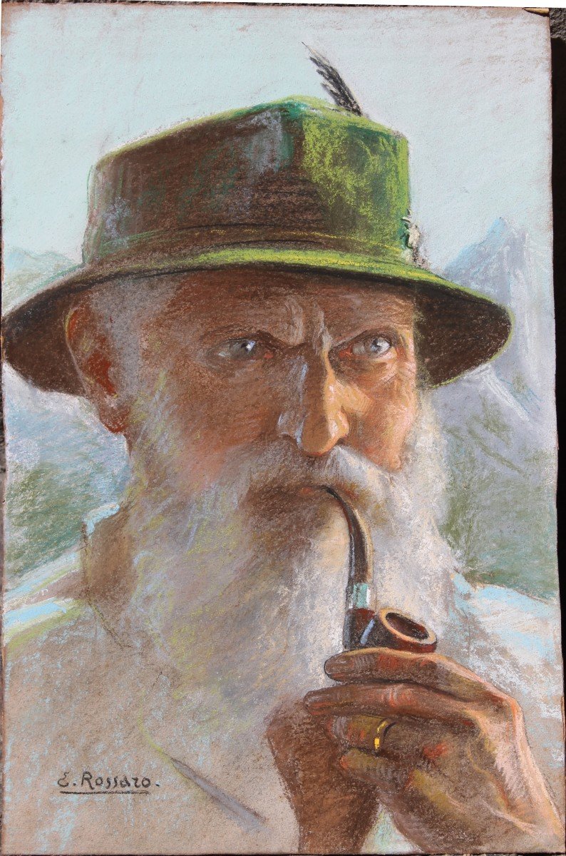 Edgardo Rossaro - Un Fumeur De Pipe - Pastel - Début Du XXe Siècle-photo-2