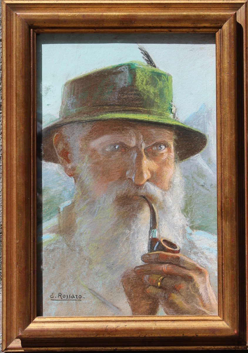 Edgardo Rossaro - Un Fumeur De Pipe - Pastel - Début Du XXe Siècle-photo-3