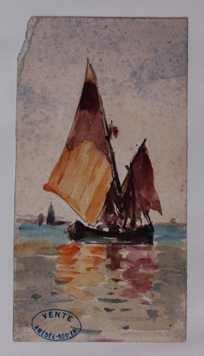 Amedée Rosier - Aquarelle - Bateaux à voile -  Recto Verso - Cachet