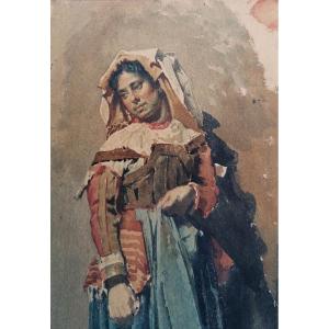 A Woman In Rome Watercolor Drawing 19th Century