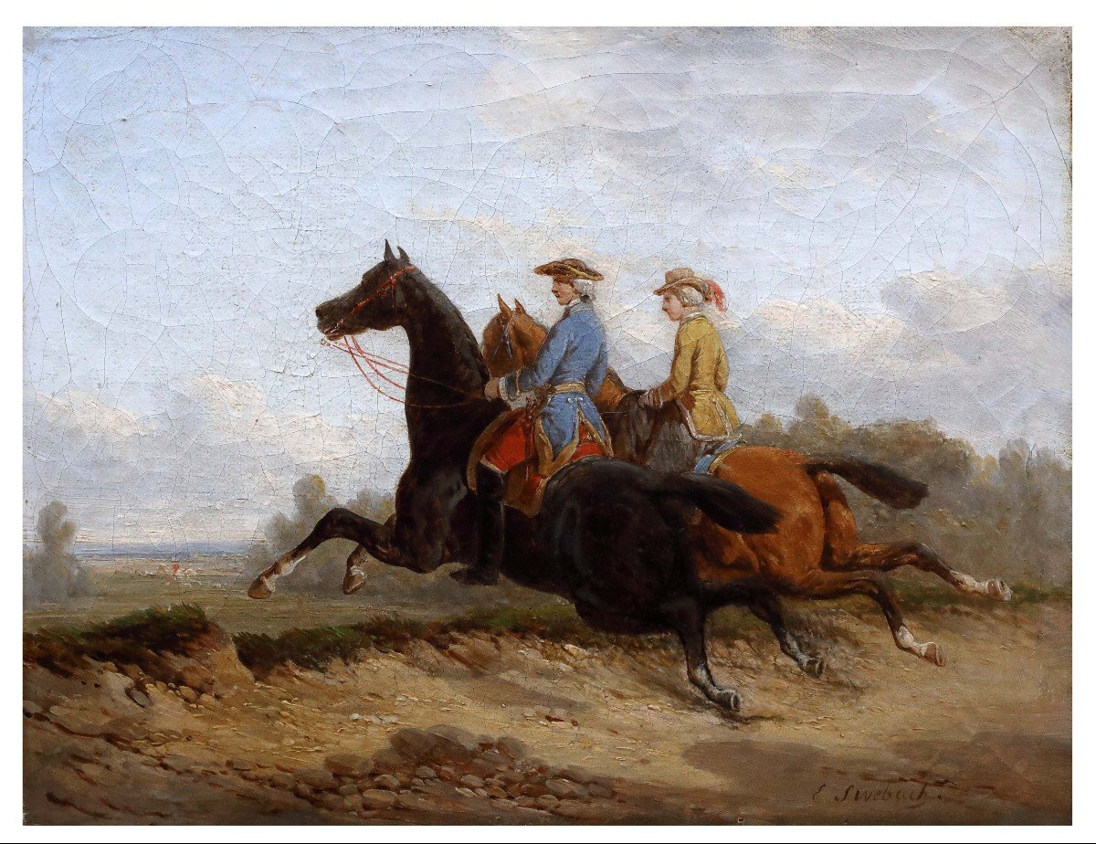 Pair Of Paintings : Promenade On Horseback By E.b.j.. Swebach France XIXth Century -photo-3