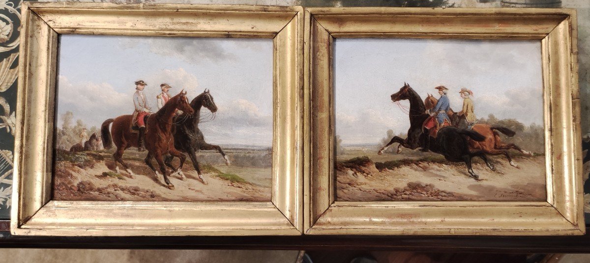 Pair Of Paintings : Promenade On Horseback By E.b.j.. Swebach France XIXth Century -photo-4