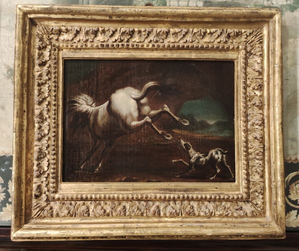 Horse Kicking A Dog, Painting , Italy XVIIth Century-photo-1
