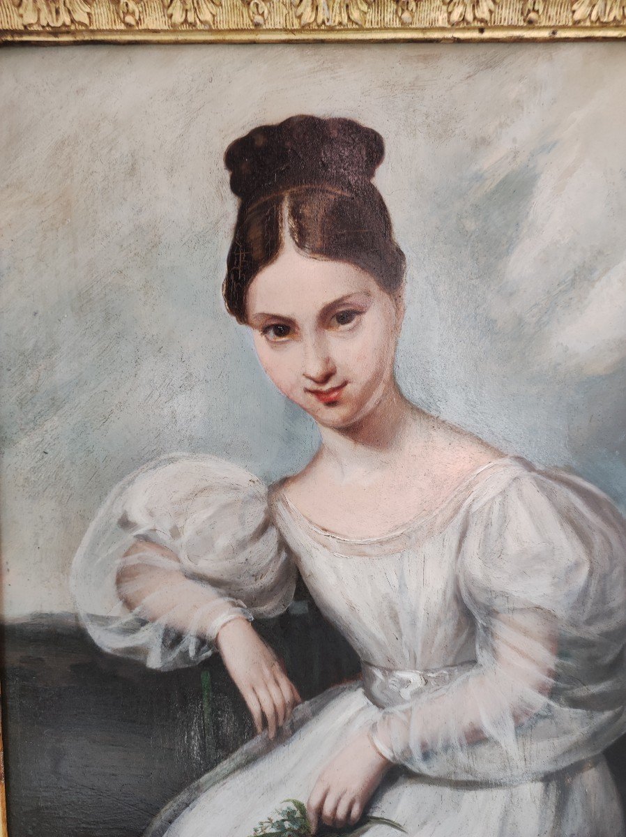 Portrait Of Girl In White, Painting Oil On Panel , France XIXth Century-photo-3