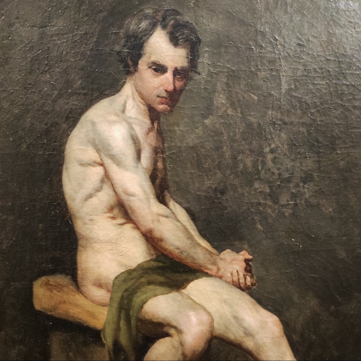 Homme Nu Assis , Tableau , France XIXéme Siècle-photo-2