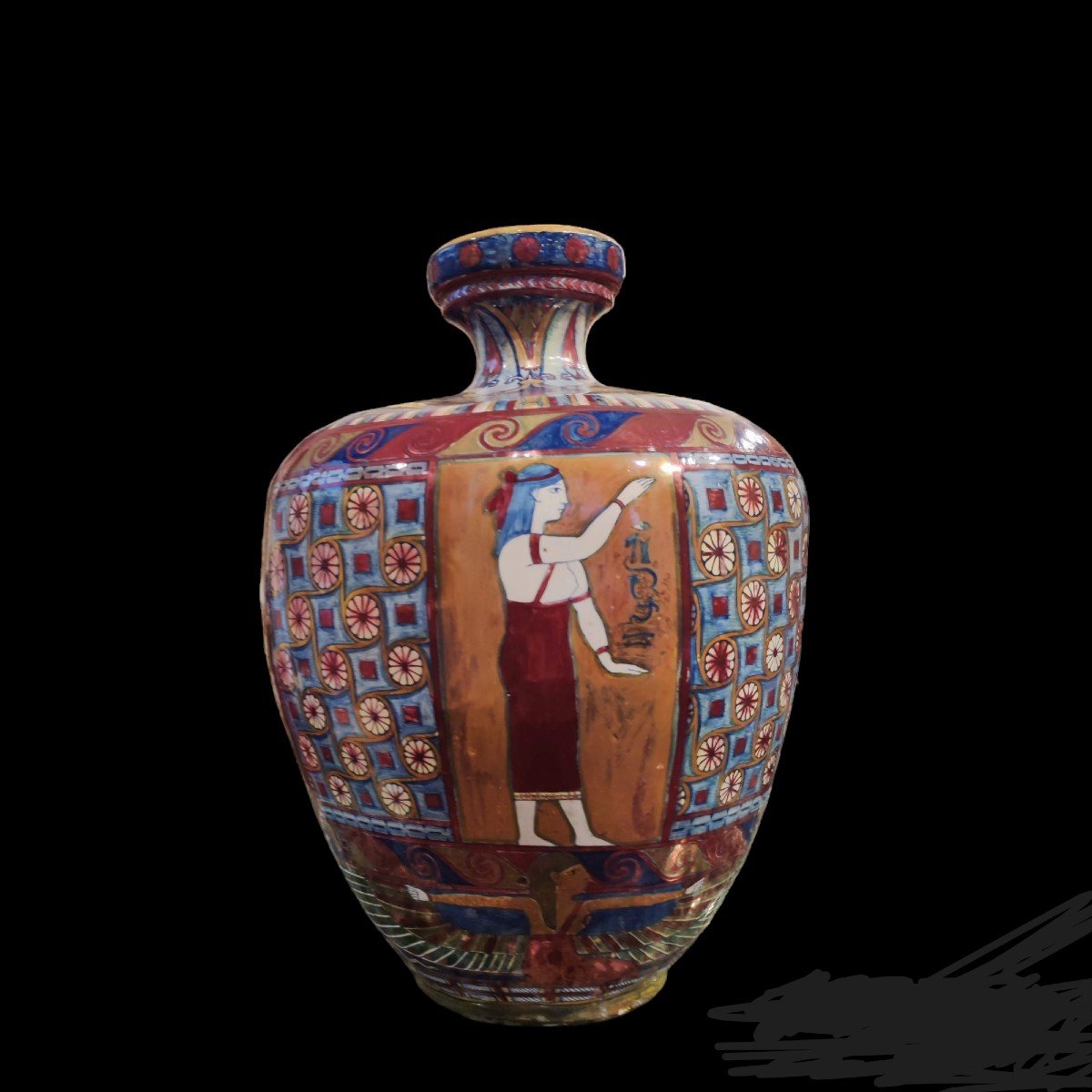 Vase With Egyptian Decorations, Ceramic Santarelli Italy Beg. XXth Century -photo-2