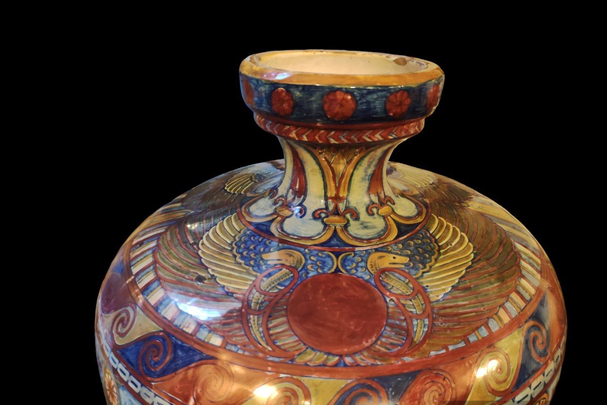 Vase With Egyptian Decorations, Ceramic Santarelli Italy Beg. XXth Century -photo-3