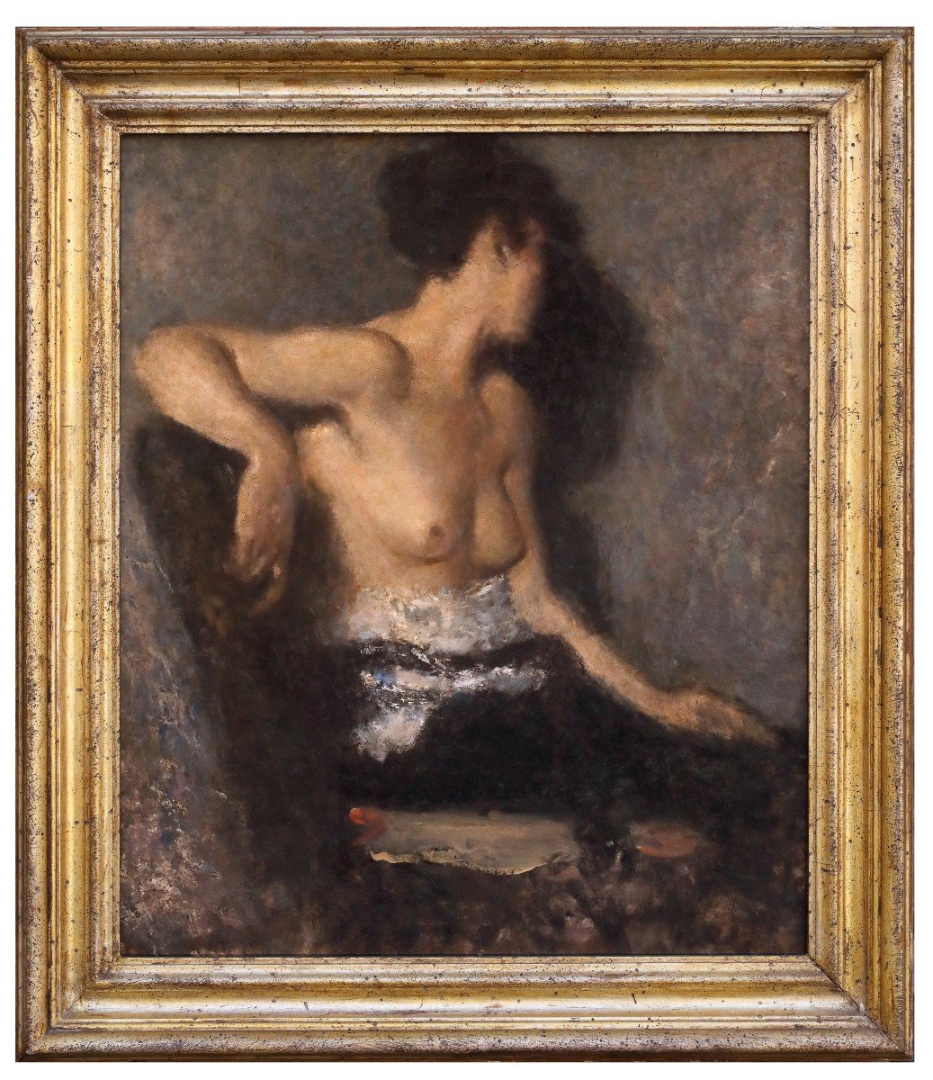 Femme Nue, Tête Tournée, Tableau Italie Fin XIXème Siècle 