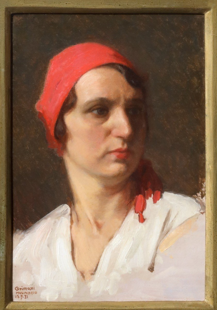 Portrait Of A Girl With Red Scarf, Painting By  G.grimani XXth Century 