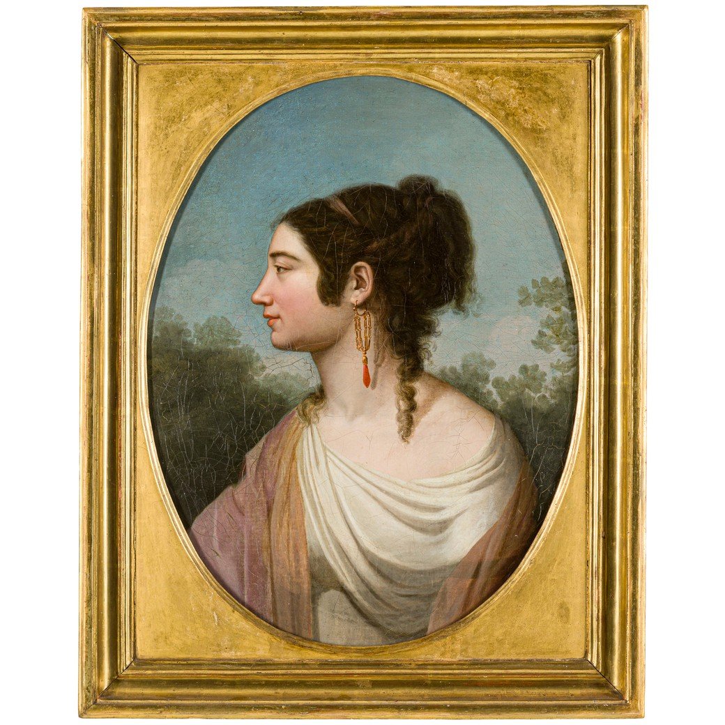 Portrait De Jeune Femme De Profil, Tableau Italie Debut XIXème Siècle 