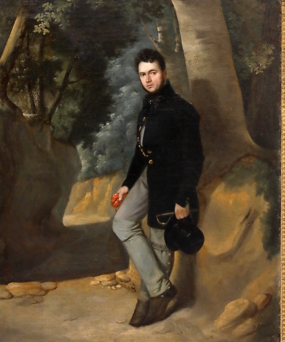 Portrait Of Gentleman In A Park, Painting Italy Or France XIXth Century-photo-3