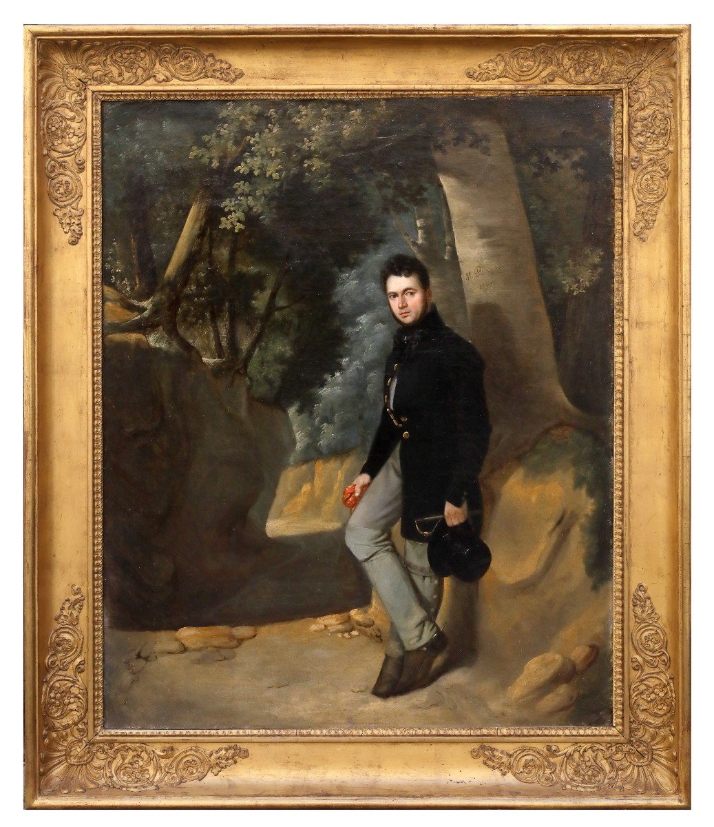 Portrait Of Gentleman In A Park, Painting Italy Or France XIXth Century