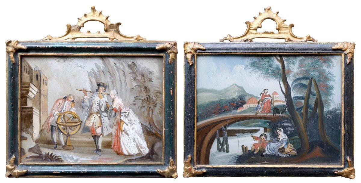 Pair Of Paintings Under Glass. Genre Scenes, Venice XVIIIth Century 