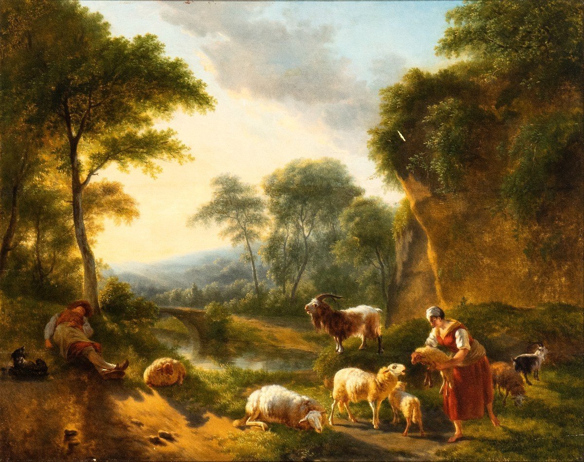 Arcadian Italian Landscape .  Painting By B. Ommerganck  , Flanders   XVIIIth Century -photo-2