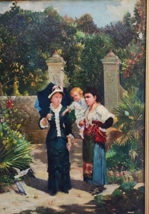 Promenade d'été, Tableau Huile Sur Toile , Signé Scardamaglia Italie Fin XIXème Siècle -photo-2