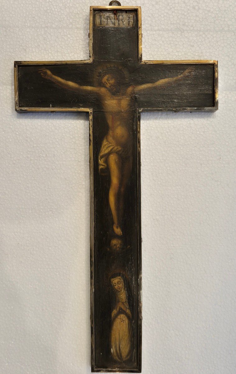 Ecole Espagnole Crucifix Peint  XVIIéme Siécle Monture En Argent