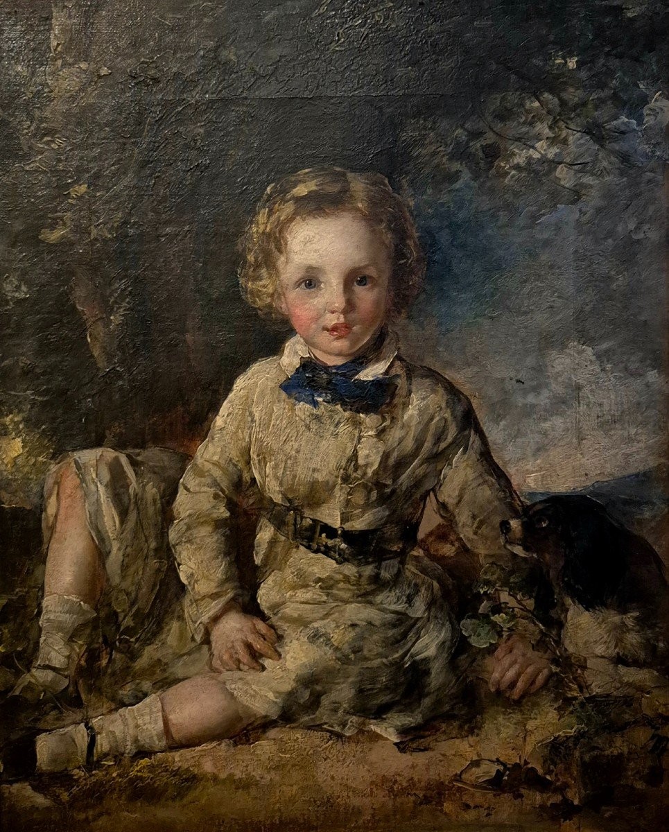 Portrait Of A Child Wih Dog, Painting  Uk XIXth Century -photo-2