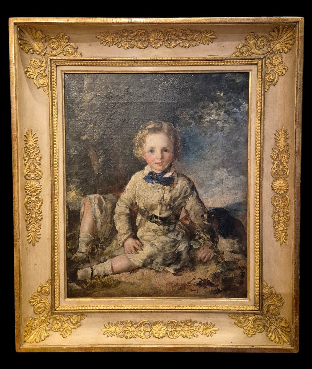 Portrait Of A Child Wih Dog, Painting  Uk XIXth Century -photo-4