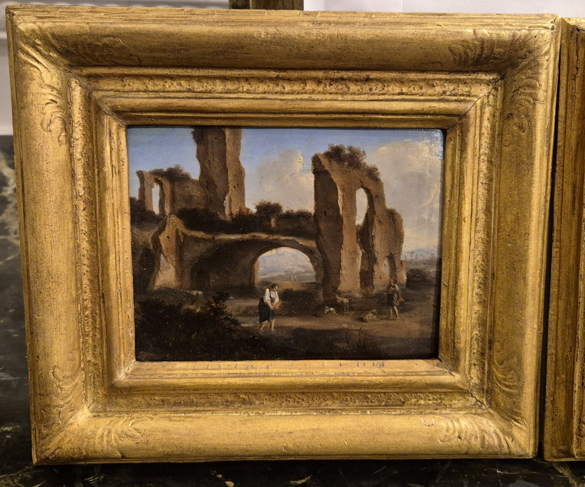 Pair Of Landcsapes With Ruins, Paintings Rome XVIIth Century Grandtour -photo-3