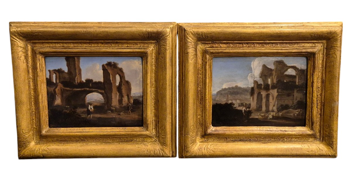 Pair Of Landcsapes With Ruins, Paintings Rome XVIIth Century Grandtour 