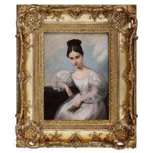 Portrait De Jeune Fille En Blanc, Tableau, France XIXéme Siècle 