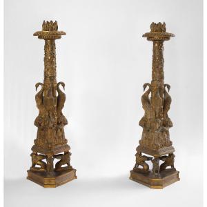 Pair Of Candlesticks, Piranesi Bronze  Without Paws, Naples Italy Grand Tour 