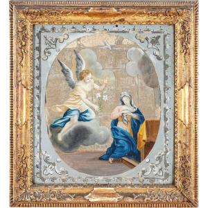 Annunciation Painted Under Glass, Venice XVIIIth Century 