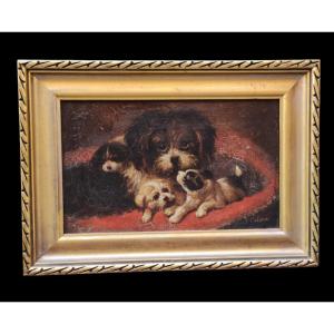 Dog With Puppies, Painting By J. Calame , Switzerland XIXth XXth Century