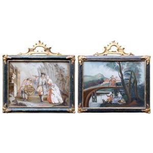 Paire De Tableaux Sous Verre Avec Scènes De Vie De Famille, Venice Italie XVIIIème Siècle 