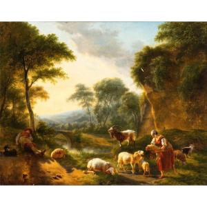 Arcadian Italian Landscape .  Painting By B. Ommerganck  , Flanders   XVIIIth Century 