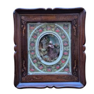 Reliquary Containing Relics And Wax Relief With Saint Francis, Wood , Naples XIXth Century 