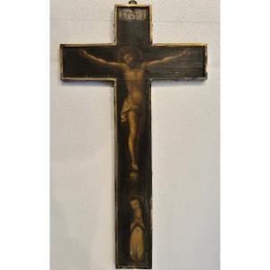 Ecole Espagnole Crucifix Peint  XVIIéme Siécle Monture En Argent