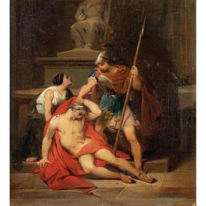  Scène d'Histoire Ancienne: La Mort de Patrocle , Tableau Italie XIXème Siècle 