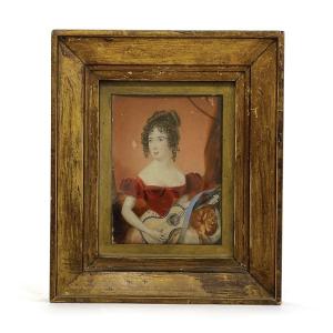 Portrait De Femme Avec Guitare, Miniature, Angleterre, XIXème Siècle 