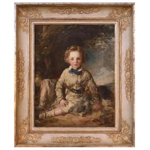 Portrait d'Enfant Avec Chien, Tableau , Royaume-uni, XIXème Siècle 