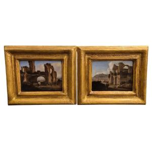 Pair Of Landscapes With Ruins, Oil On Copper  Rome XVIIth Century Grandtour 