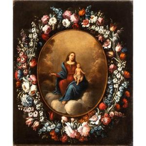 Madonna Of The Rosary In A Garland Of Flowers, Painting , Rome XVIIth Century 