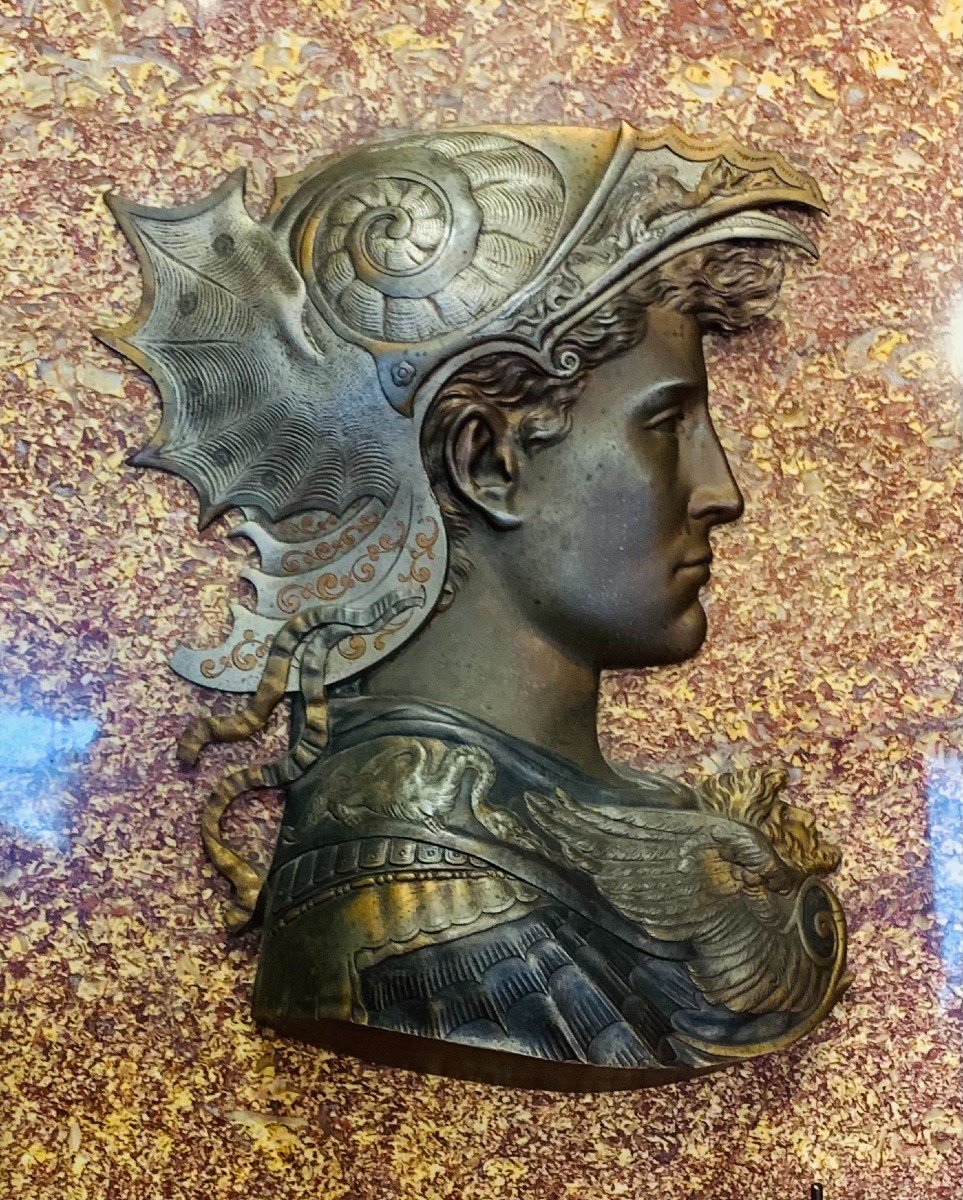 Bronze Portrait Of Alexander The Great On 19th Century Marble. The Marble Is Spanish Brocatello