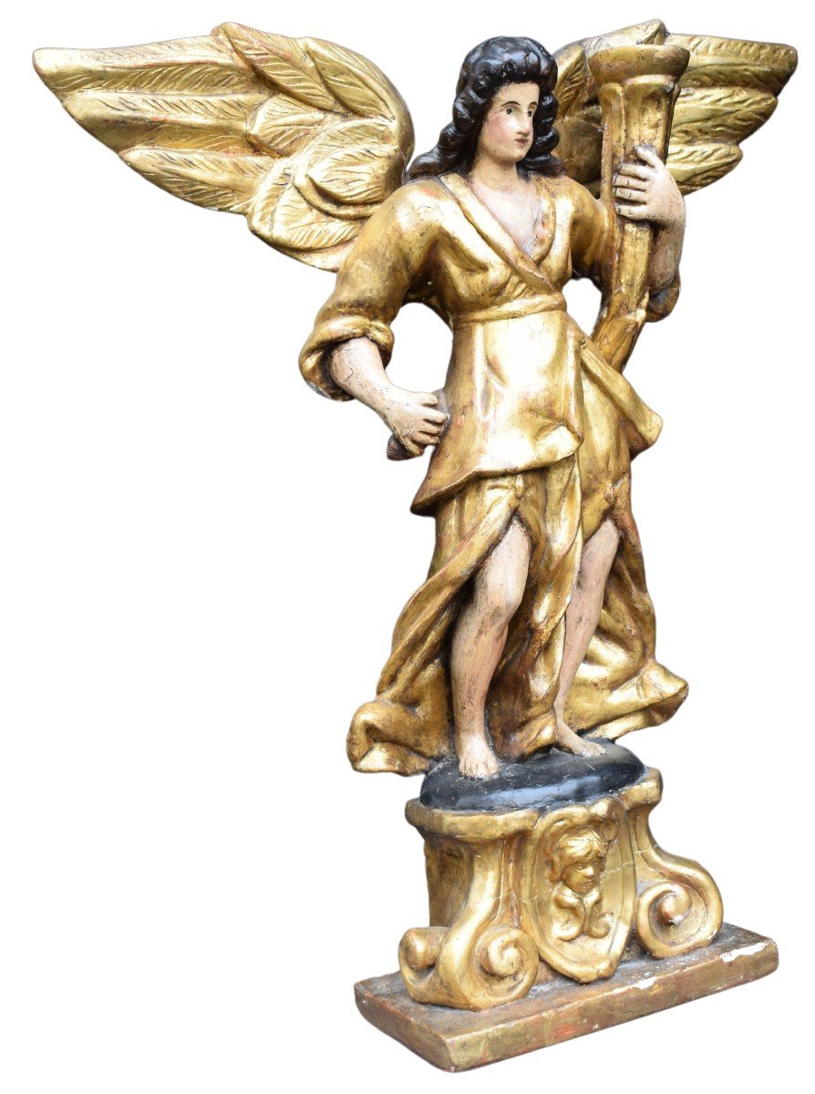 Lombardy, Early 18th Century Pair Of Candle-holding Angels Lacquered And Gilded Wood-photo-2