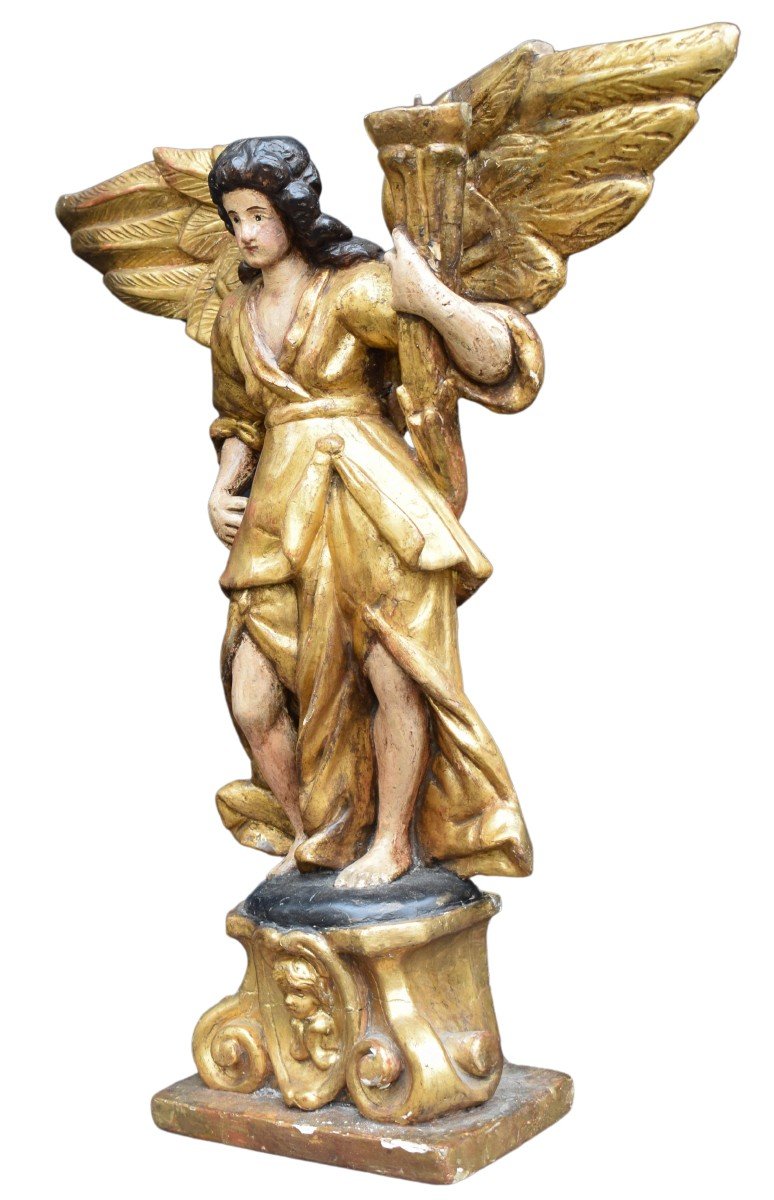 Lombardy, Early 18th Century Pair Of Candle-holding Angels Lacquered And Gilded Wood-photo-3