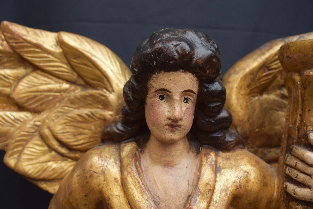 Lombardy, Early 18th Century Pair Of Candle-holding Angels Lacquered And Gilded Wood-photo-4