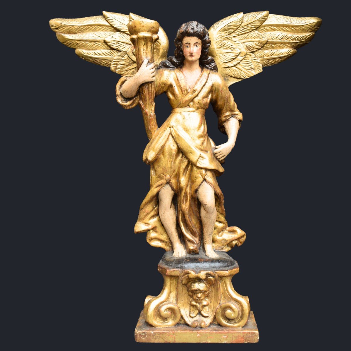 Lombardy, Early 18th Century Pair Of Candle-holding Angels (2) Lacquered And Gilded Wood-photo-3