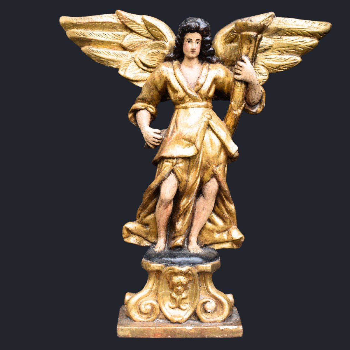 Lombardy, Early 18th Century Pair Of Candle-holding Angels (2) Lacquered And Gilded Wood-photo-4