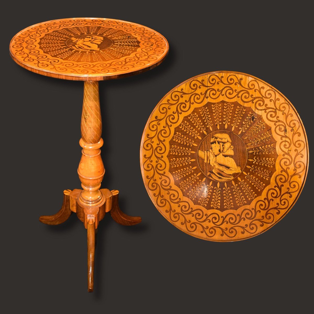 Région émilienne, Première Moitié Du XIXe Siècle - Table Avec Plateau Circulaire Marqueterie