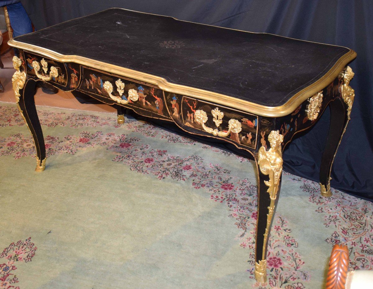 France, 19th Century, 1870 Bureau-plat - Desk Chinoiserie Lacquered Wood, Polychrome -photo-2