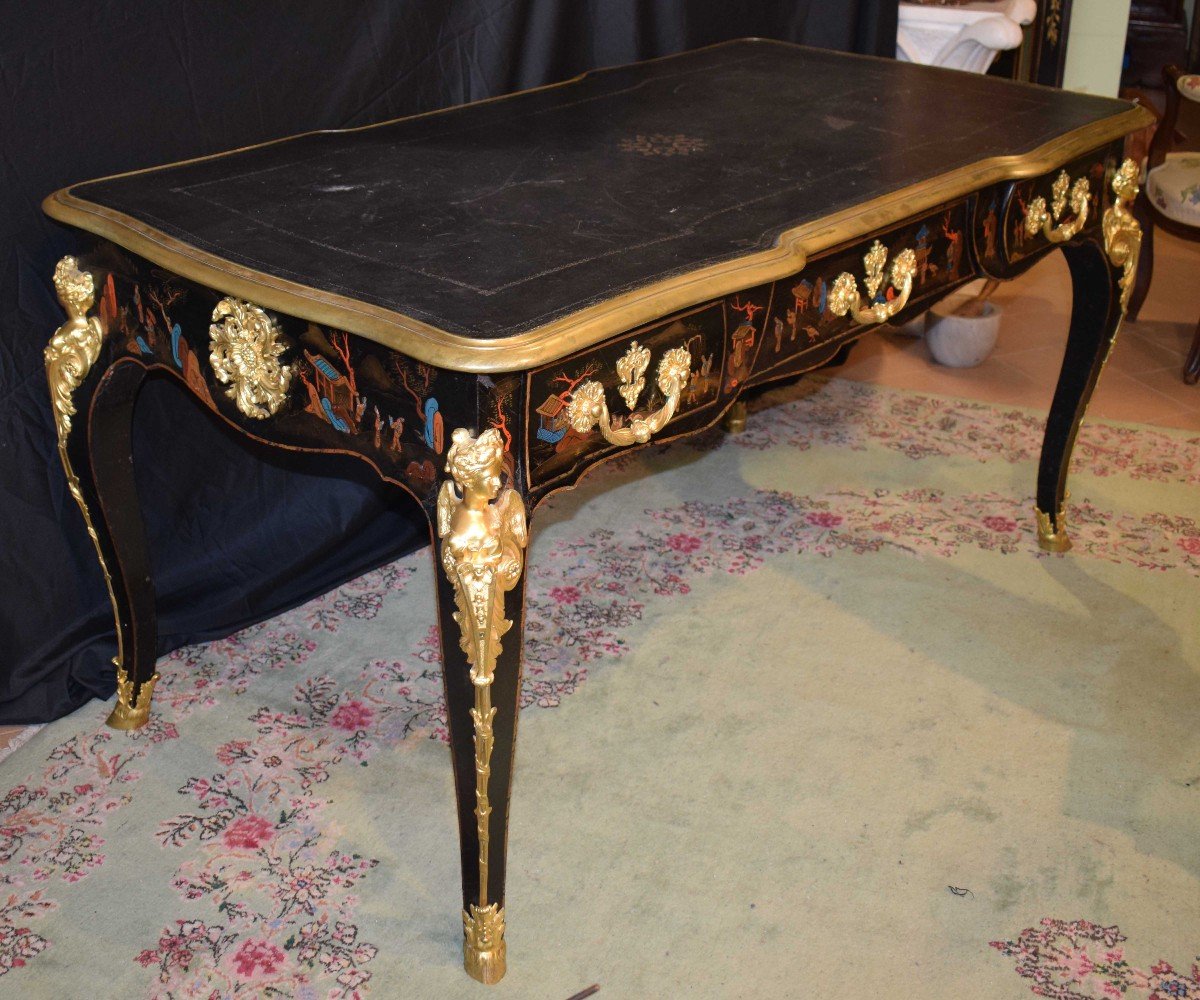 France, 19th Century, 1870 Bureau-plat - Desk Chinoiserie Lacquered Wood, Polychrome -photo-3