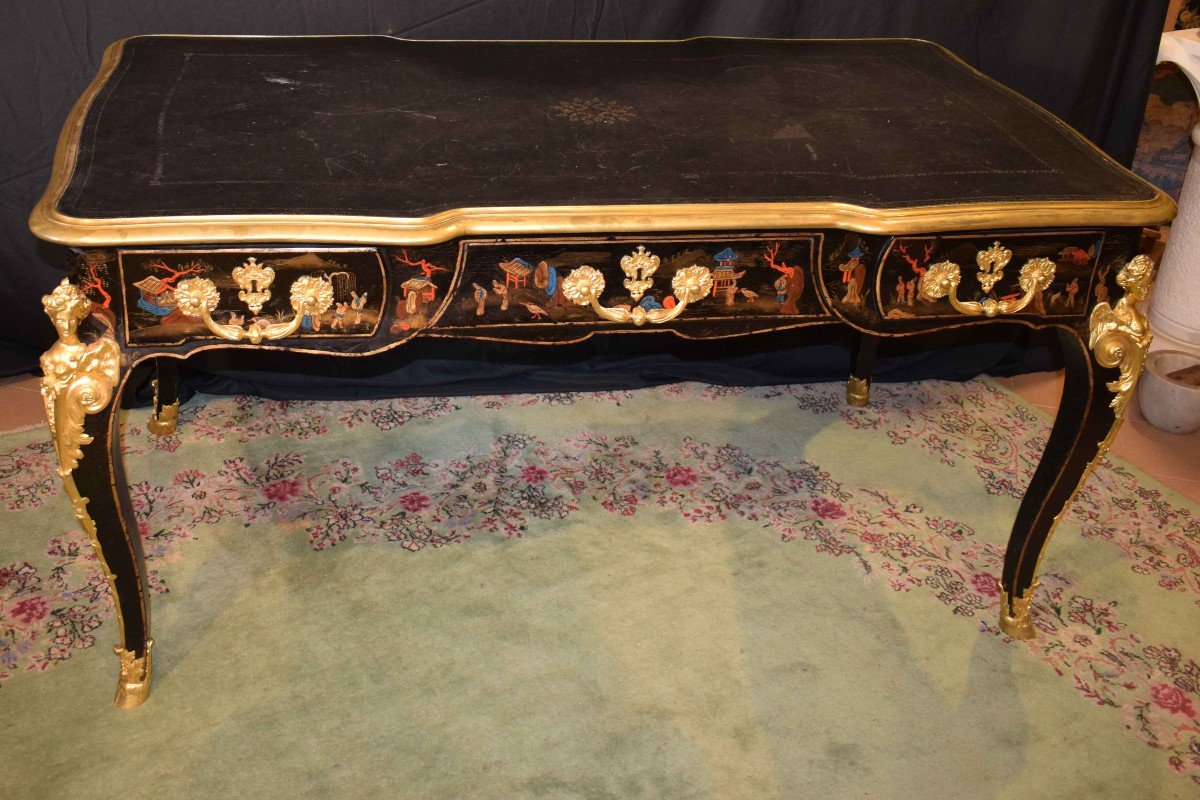 France, 19th Century, 1870 Bureau-plat - Desk Chinoiserie Lacquered Wood, Polychrome -photo-4